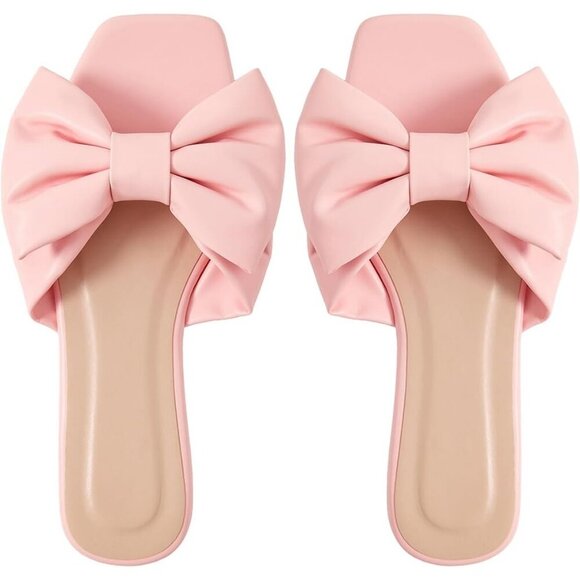 Shoes - Women's Bow Pink Square Open Toe Breathable Slip On Slide Sandals Flat Shoes